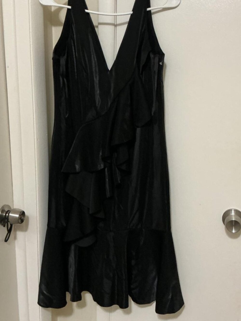 Jay Godfrey Black Satin Ruffle Mini Dress — Asymmetrical Party Dress, Size L